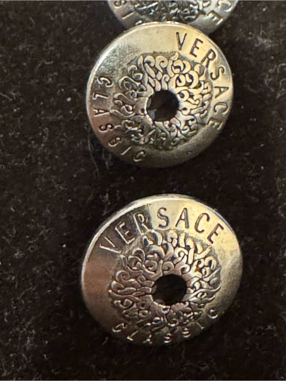 Versace Silver Metal Logo Buttons, set of 3, 15mm diameter